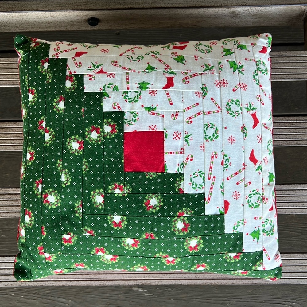 Vintage handmade log cabin Christmas pillow 12 by 12
